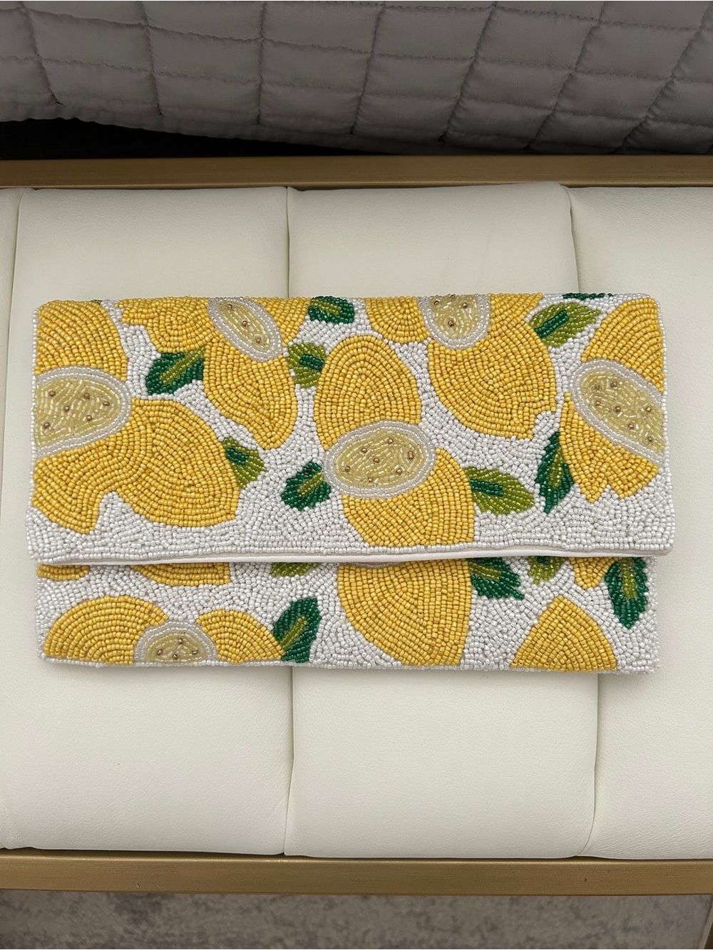 Antik Kraft Beaded Lemon Clutch in Yellow, White & Green